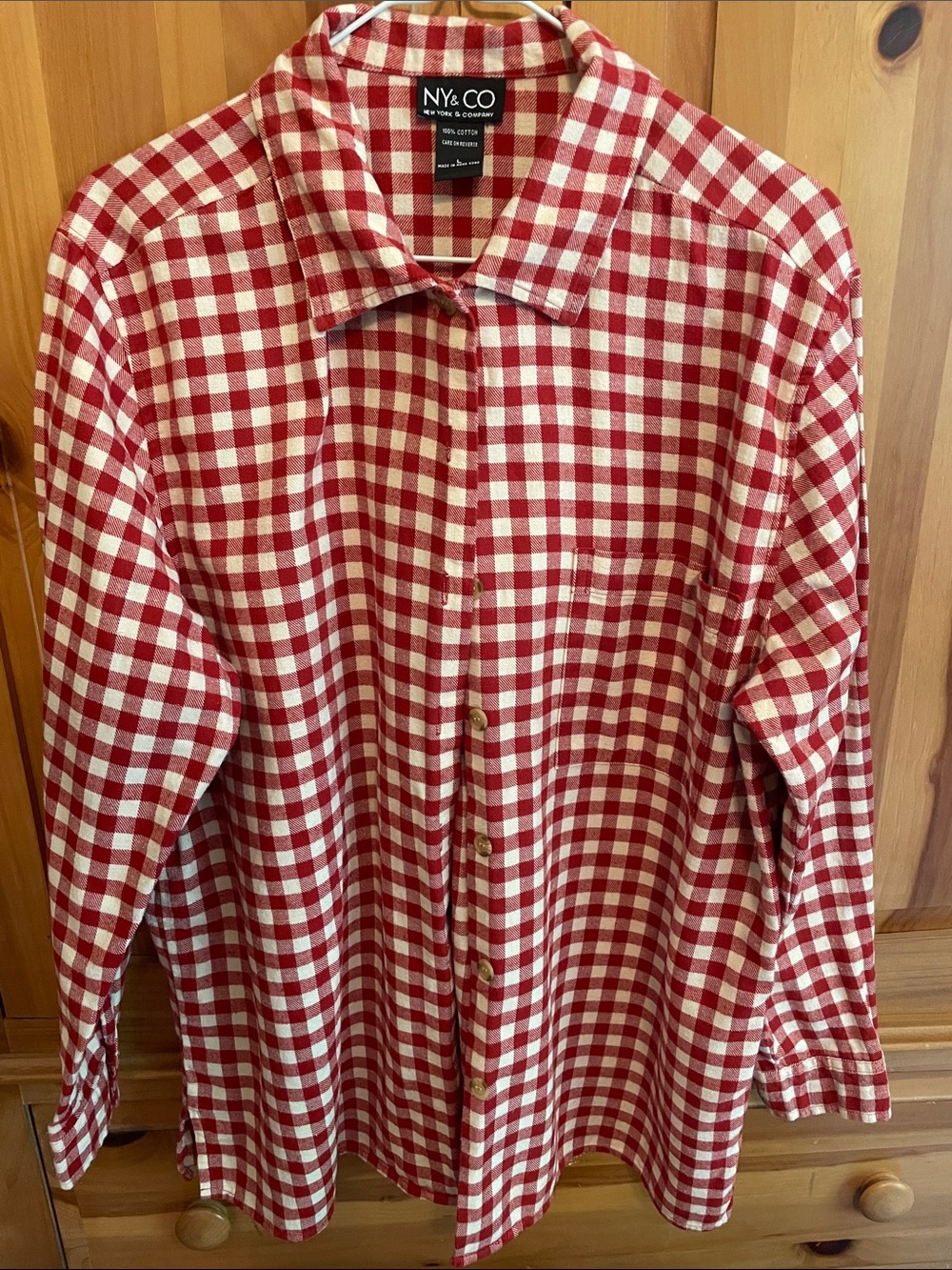 New York & Company Red and Cream Gingham Button Up Shirt